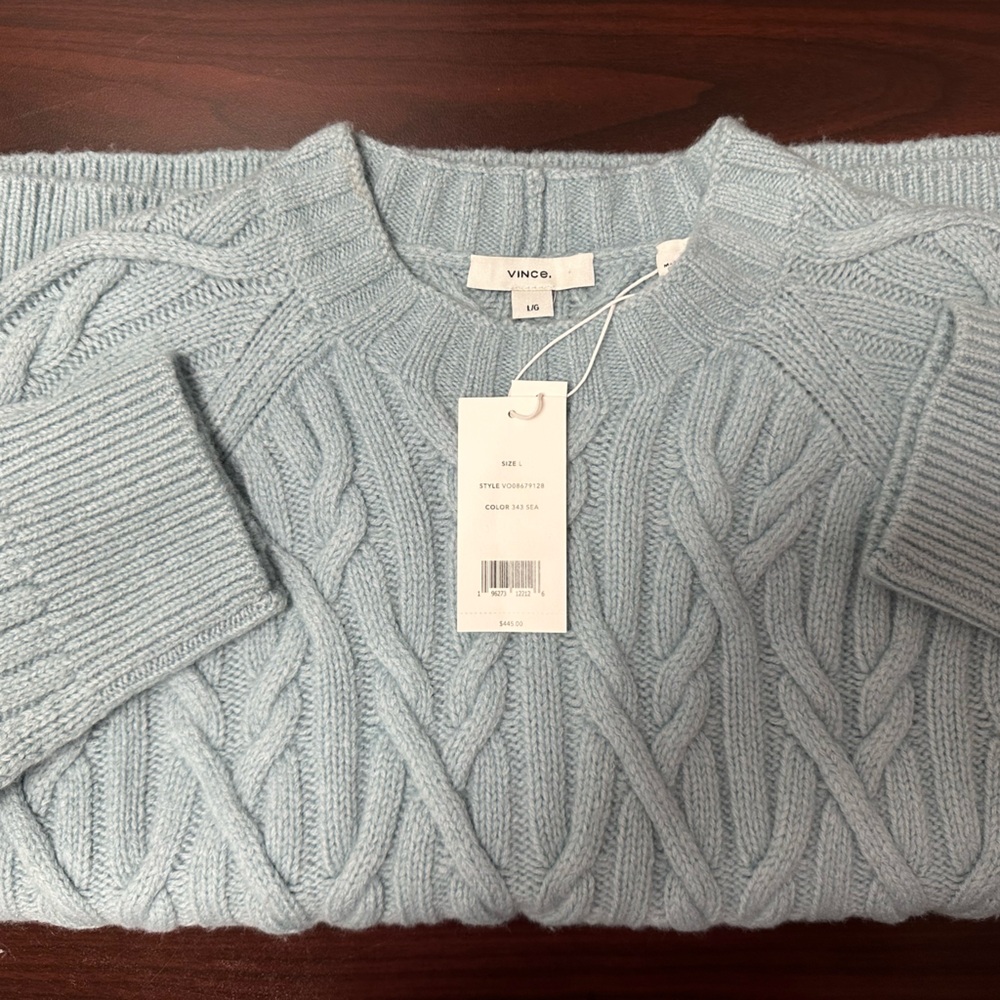 Vince Interlocking Cable Crew Sweater Wool Cashmere Blend Seaside Blue